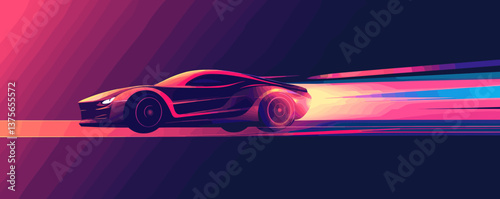 Futuristic racing car with neon trails on dark background vector.