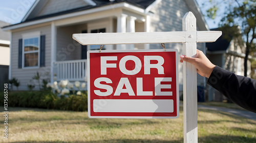 For Sale sign in front of a house Real estate property home Exterior yard suburban