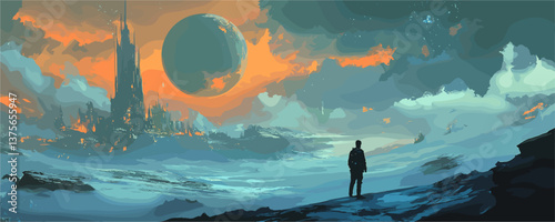 Futuristic landscape with lonely figure and alien planet in the sky – vector.