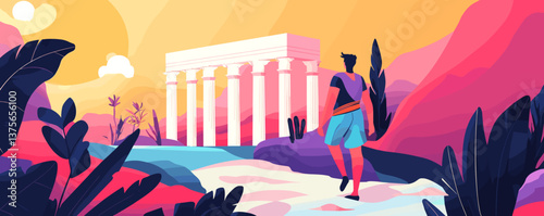 Bright abstract landscape with ancient columns and hiker in vibrant colors – vector.