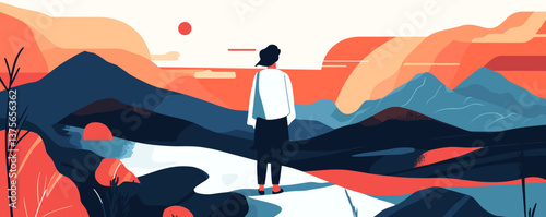 Person viewing sunset over mountains in vibrant abstract landscape vector.