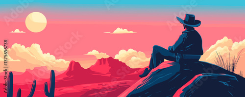 Cowboy silhouette watching sunset over desert landscape with cacti and mountains - vector.