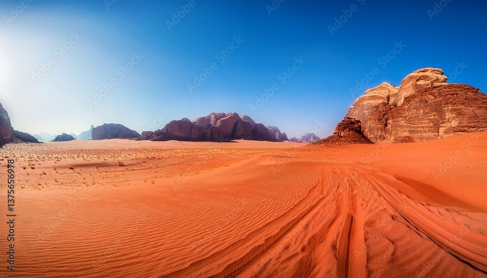 Naklejka premium wadi rum s vibrant red sands with clear blue sky a captivating landscape showcasing the unique desert terrain and striking color contrast