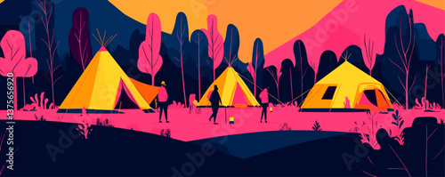 Colorful camping scene with tents and campers in vibrant forest landscape - vector.