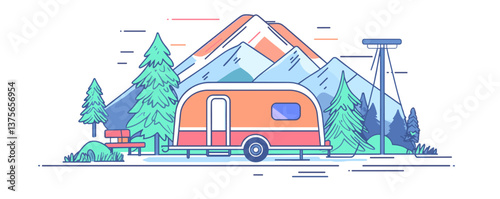 Camping trailer near mountains and pine trees with scenic view - vector.
