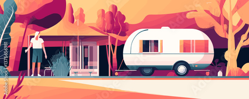 Retro camping scene with woman and caravan in vibrant colors – vector.