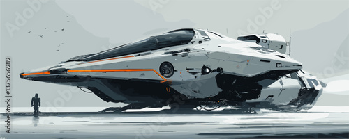 Futuristic spaceship with lone astronaut on alien planet - sci-fi art vector.