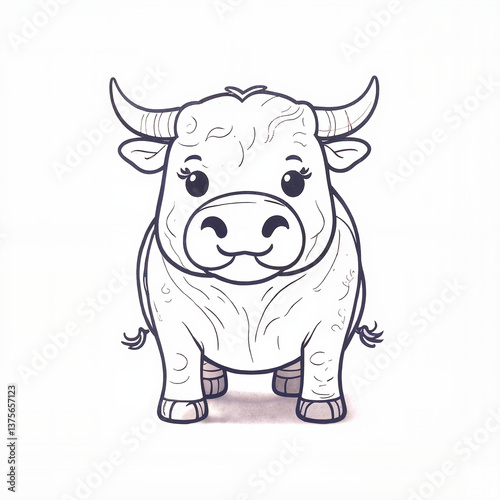 Cute cartoon bull illustration in black and white  