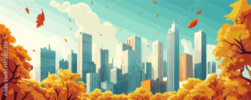Autumn cityscape with skyscrapers and falling leaves in urban park setting – vector.