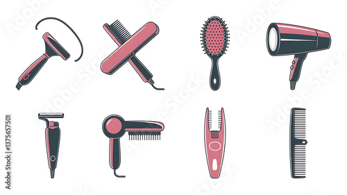 Hair styling tools flat design icons various beauty supplies