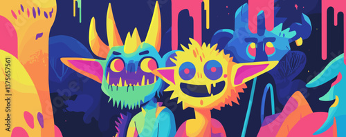 Colorful cartoon monsters with neon colors and abstract background - vector.