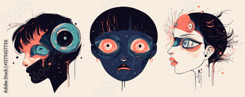 Surreal human faces with abstract features and bold colors in vector art.