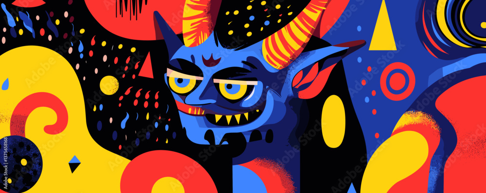 Obraz premium Colorful abstract demon with horns in psychedelic blue and red art style - vector.