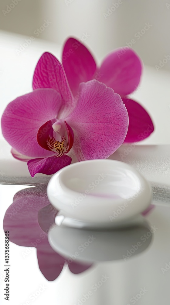 Pink orchid, white container, reflective surface, spa setting, beauty product Pink orchid, white container, reflective surface, spa setting, beauty product