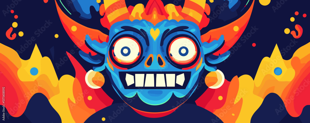 Obraz premium Colorful cartoon monster face with horns and fiery background - vector.