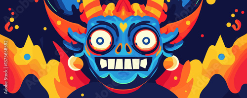 Colorful cartoon monster face with horns and fiery background - vector.
