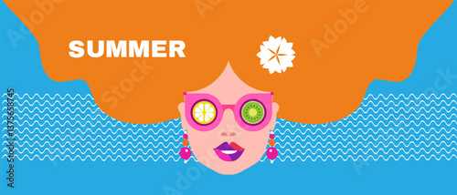 Pretty women, summer girl in cartoon style concept design, modern abstract background Vector cute flat illustration