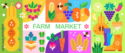 Farmer,s market template banner Vegetables are grown on a private farm Agriculture Vector icon set geometrical illustration