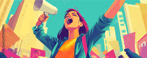 Woman shouting with megaphone in energetic urban protest scene - vector.