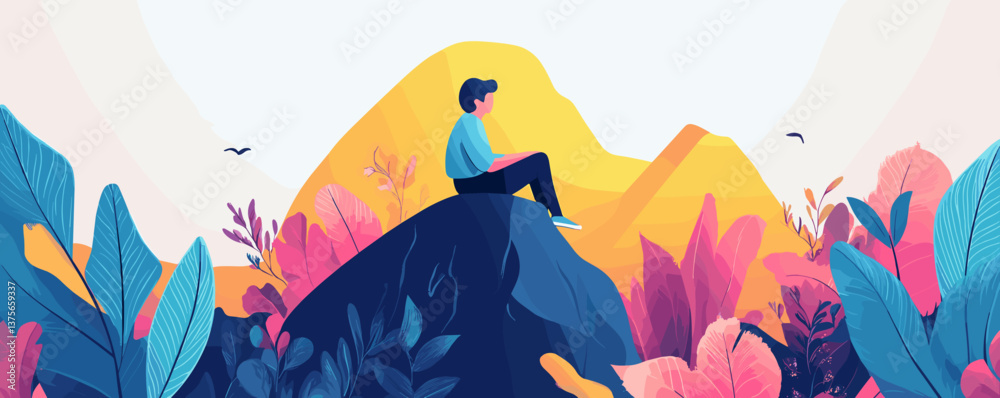 Fototapeta premium Person sitting on rock surrounded by colorful nature with mountains and birds - vector.