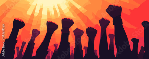 Raised fists in protest against bright sky, symbolizing unity and strength - vector.