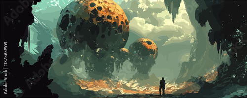 Mysterious alien landscape with floating spheres and lone traveler, digital art vector.