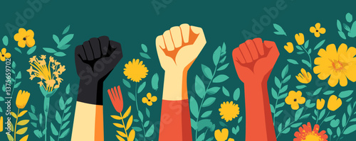 Diverse raised fists amidst colorful flowers for unity and empowerment - vector.