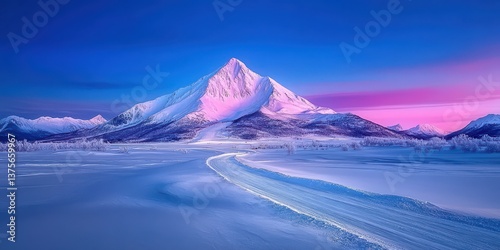 Majestic Snow-Capped Mountain Under Vibrant Sunset Sky with Pink and Blue Hues Reflecting on Frozen Landscape