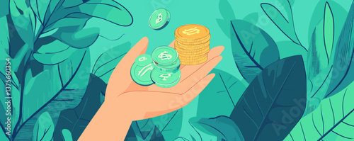 Hand holding coins with currency symbols surrounded by lush leaves and plants - vector.
