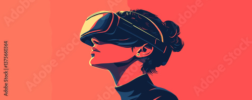 Woman wearing vr headset on orange background, experiencing virtual reality - vector.