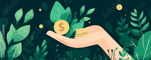Hand holding coins and leaf amidst nature, green economy concept - vector.