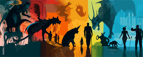 Dynamic fantasy creatures battling silhouettes with vibrant background - vector.
