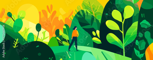 Vibrant nature landscape with walking person and lush greenery - vector.