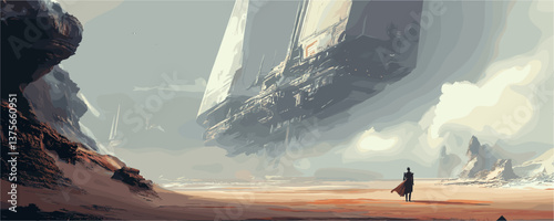 Futuristic desert landscape with massive spaceship and lone figure, sci-fi art vector.