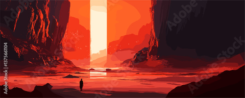 Surreal landscape with red canyon and lone figure at sunset vector.