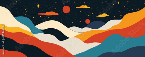 Colorful abstract landscape with waves and stars, fantasy night scene vector.