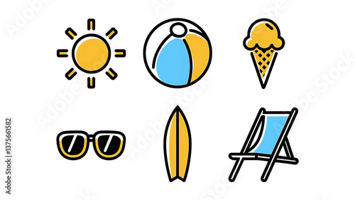 Summer fun icons beach vacation sun ice cream beach chair surfboard