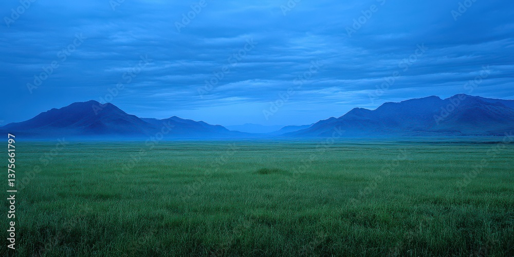 Fototapeta premium Vast green grassland under a deep blue twilight sky. Layered mountain silhouettes on a wide horizon. Calm resilience and future possibility. Ideal for travel, wellness, and brand storytelling.