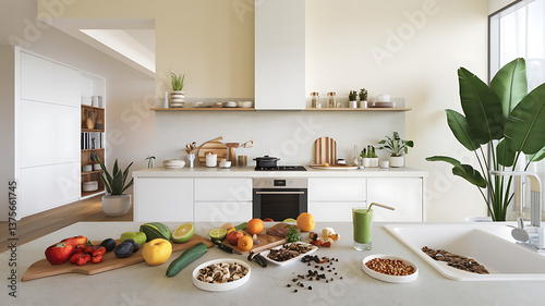 Bright modern kitchen with fresh produce and healthy ingredients displayed on a countertop