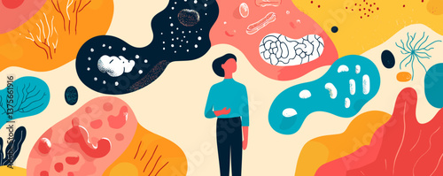 Abstract scientific art with human figure and cells in organic shapes – vector.