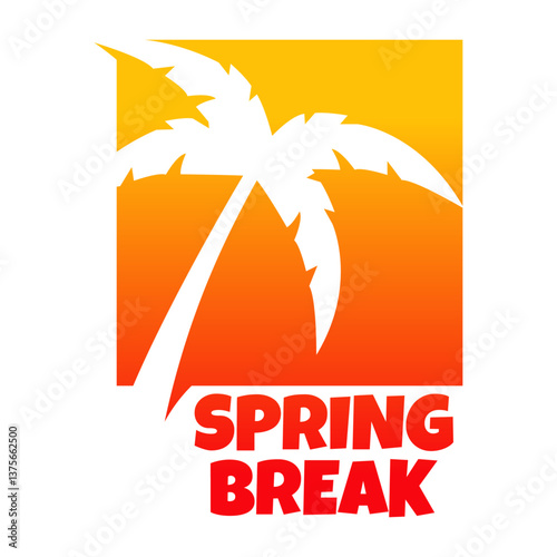 Logo vacaciones de primavera. Mensaje SPRING BREAK con silueta de la palma en espacio negativo en cuadrado 