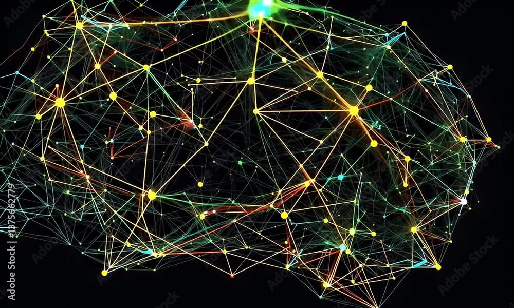 Abstract colorful network of interconnected nodes forming a brain-like shape against a dark background