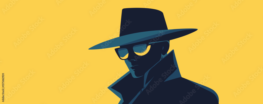 Mysterious spy in a hat and sunglasses silhouette on yellow background - vector. Mysterious spy in a hat and sunglasses silhouette on yellow background - vector.