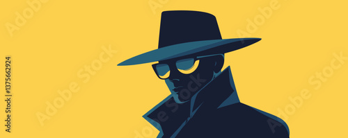Mysterious spy in a hat and sunglasses silhouette on yellow background - vector.