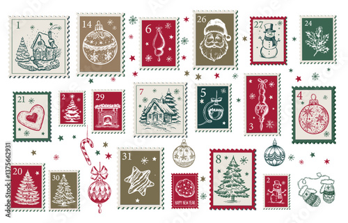 Advent calendar with tree, ball, Christmas Stamps, mail, postcard on white hand drawn illustrations.