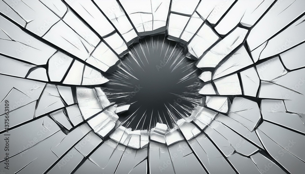 Naklejka premium realistic broken glass with cracks and hole on white background