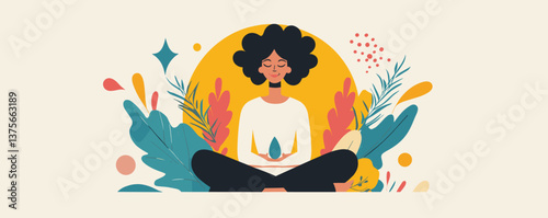 Meditating woman in nature with foliage and sunburst - calm serenity vector.