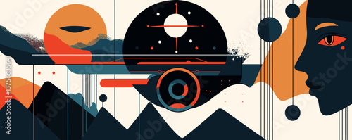 Abstract cosmic landscape with geometric shapes and human face silhouette in vector.