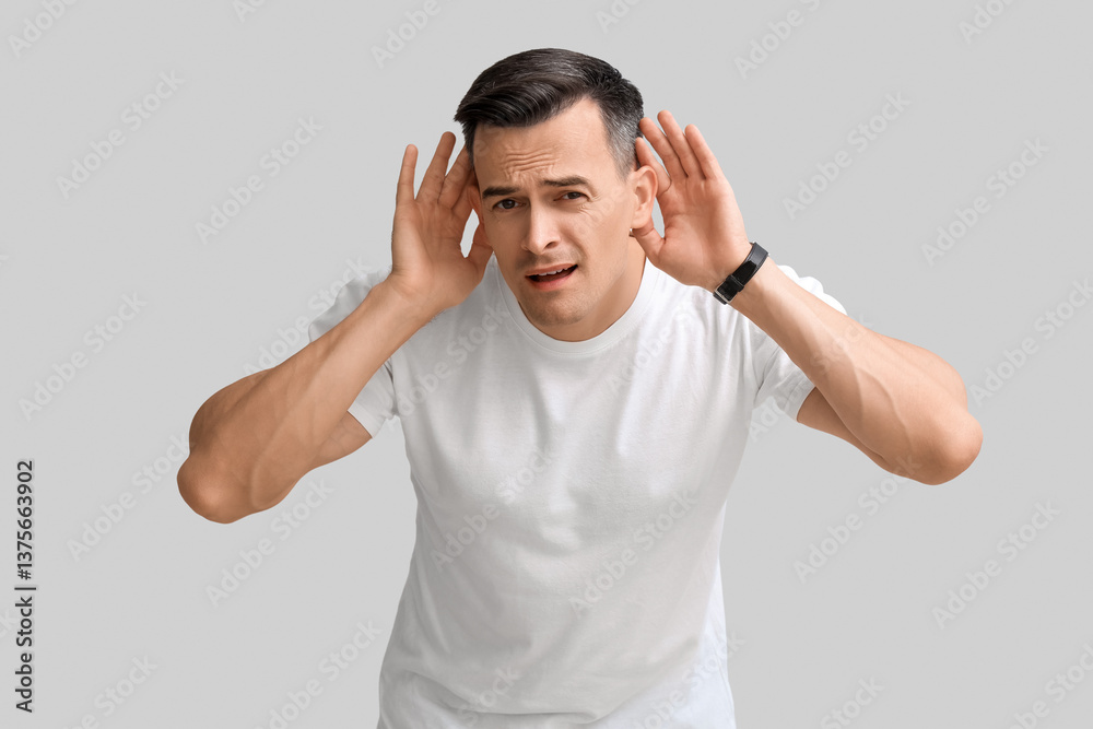 Young man with hearing problem on light background Young man with hearing problem on light background