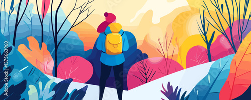 Vibrant winter scene with couple admiring sunrise in colorful mountain landscape - vector.
